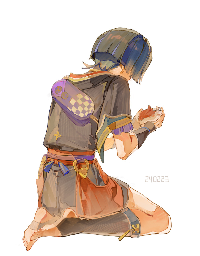 1boy, absurdres, bag, barefoot, black_hair, commentary, from_behind, genshin_impact, heart, highres, japanese_clothes, lic_617, male_focus, scaramouche_(genshin_impact), seiza, short_hair, shorts, sitting, solo