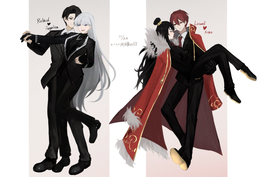 2boys, 2girls, angelica_(project_moon), black_eyes, black_footwear, black_hair, black_jacket, black_pants