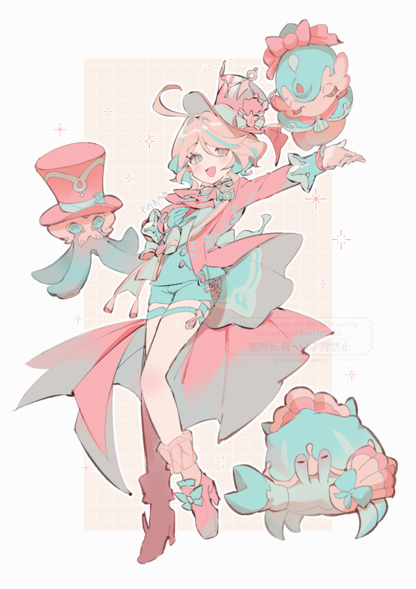 1girl, ahoge, arm_up, ascot, blue_eyes, blue_shirt, blue_shorts, boots