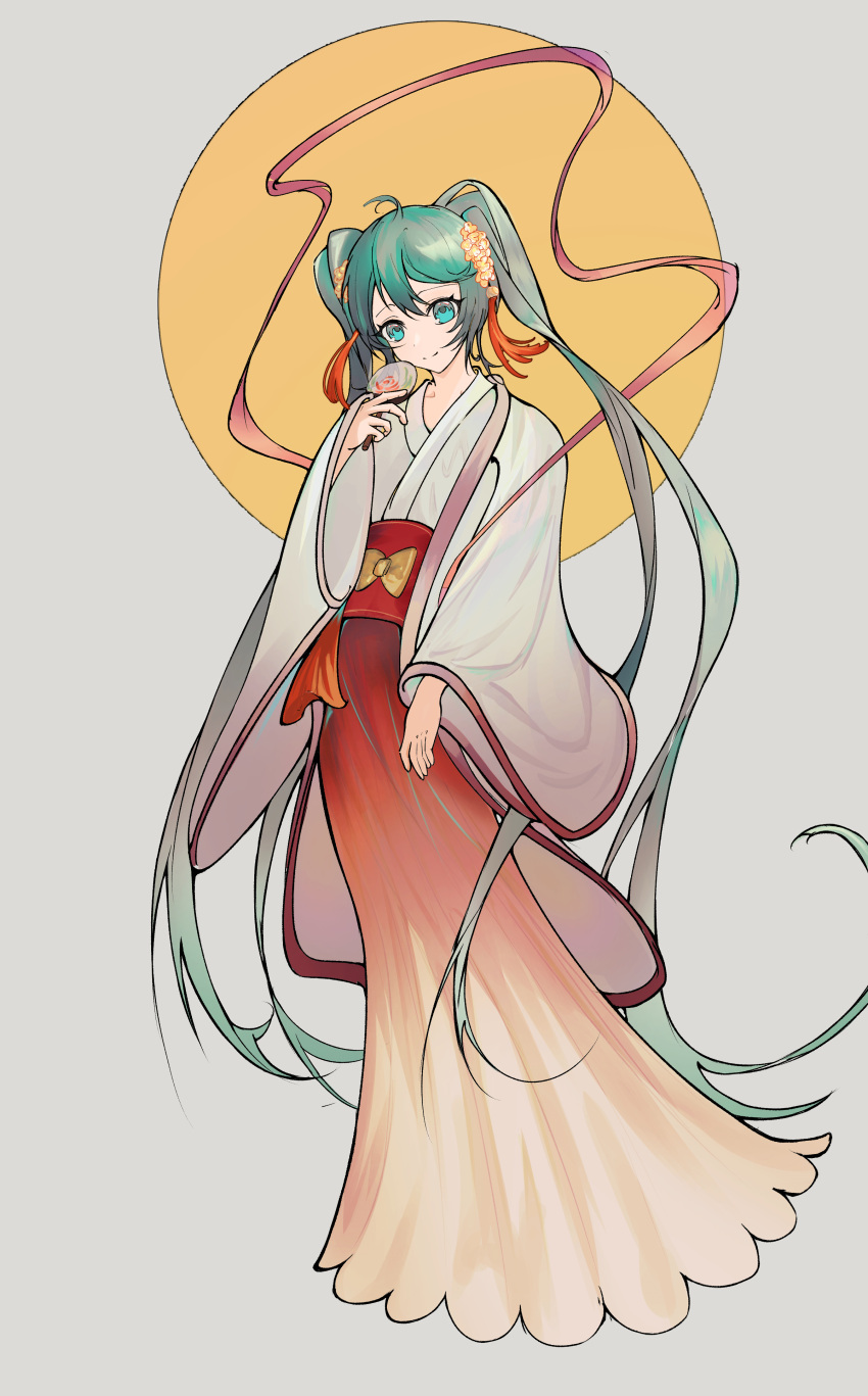 1girl, absurdres, aqua_eyes, aqua_hair, art_nouveau, chuushuu_meigetsu_miku, flower, full_body