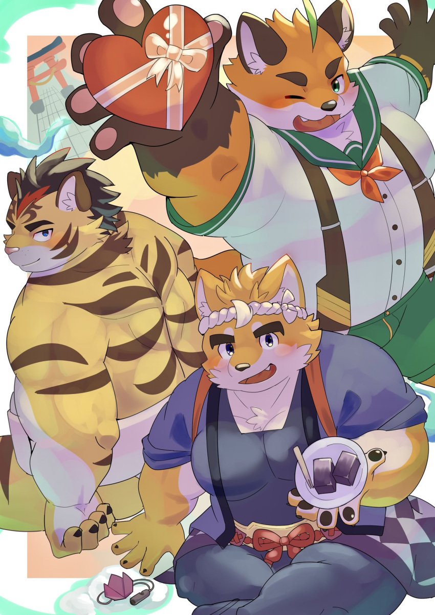 3boys, amidasuke, animal_ears, back_turned, belly, black_hair, blue_kimono, blue_pants