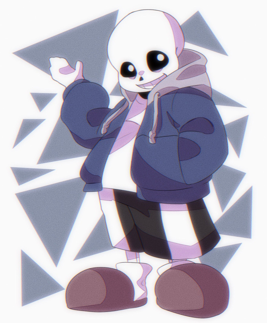 1boy, 2023, 2d, black_shorts, blue_jacket, brown_slippers, chromatic_aberration, cute, digital_media, drawstring, film_grain, full_body, gloves, grey_hood, hand_in_pocket, hand_up, highres, hood, hood_down, humanoid, jacket, male, male_focus, male_only, monster, monster_boy, sans_(undertale), shorts, simple_background, skeleton, slippers, solo, striped_clothes, striped_shorts, teeth, tuku_rugk, two-tone_background, undead, undertale, white_background, white_gloves