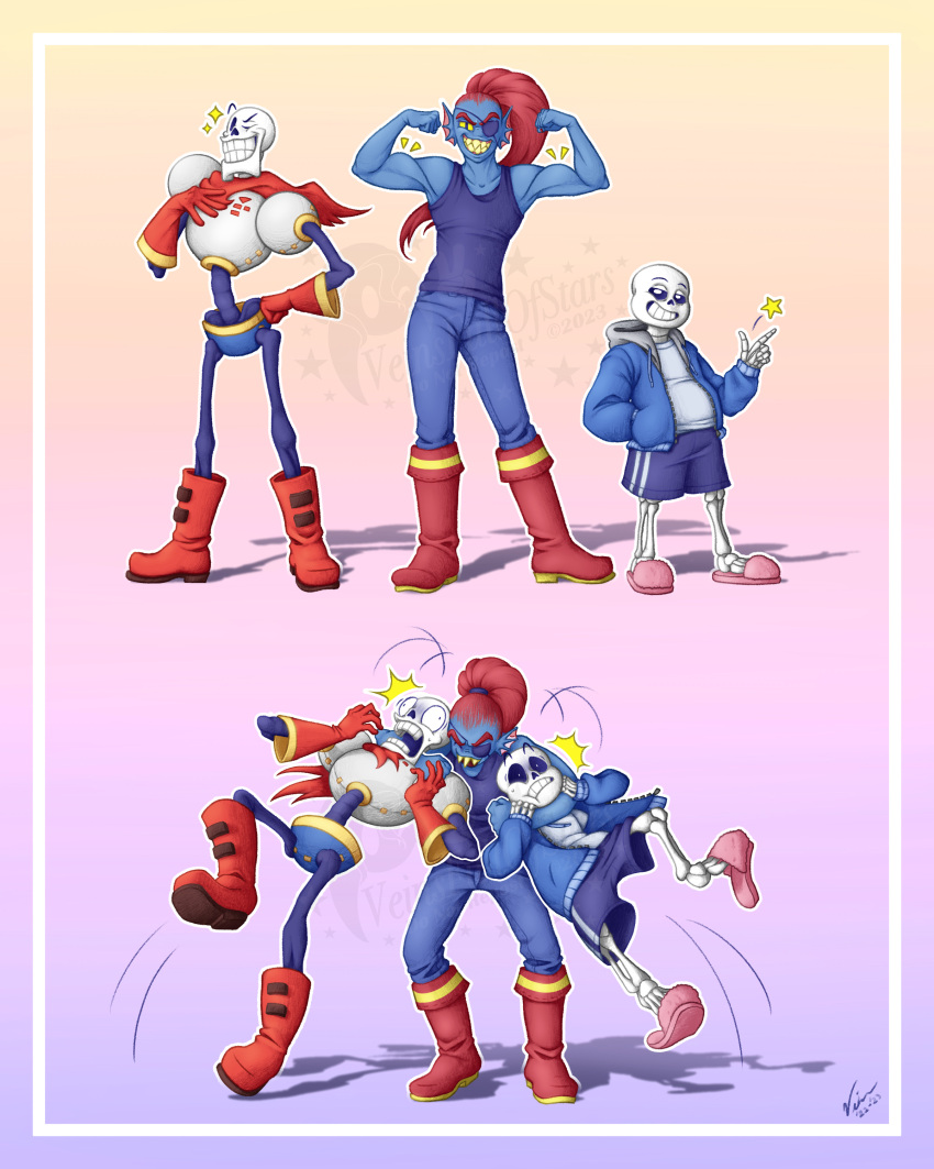 1girl, 2022, 2boys, 2d, anthro, arm_around_neck, black_eyepatch, black_pants, black_tank_top, blue_jacket, blue_pants, blue_shorts, blue_skin, boots, brothers, cape, clenched_hands, commentary, digital_media, ear_fins, english_commentary, eyepatch, female, fins, fish, fish_girl, flexing, full_body, gloves, hair, head_fins, height_difference, high_ponytail, highres, humanoid, jacket, long_hair, male, monster, monster_boy, monster_girl, pants, papyrus_(undertale), pink_slippers, ponytail, red_boots, red_cape, red_gloves, red_hair, sans_(undertale), sharp_teeth, shorts, siblings, skeleton, slippers, striped, striped_pants, tank_top, teeth, trio, undead, undertale, undyne, utdr_(toby_fox), veinsfullofstars