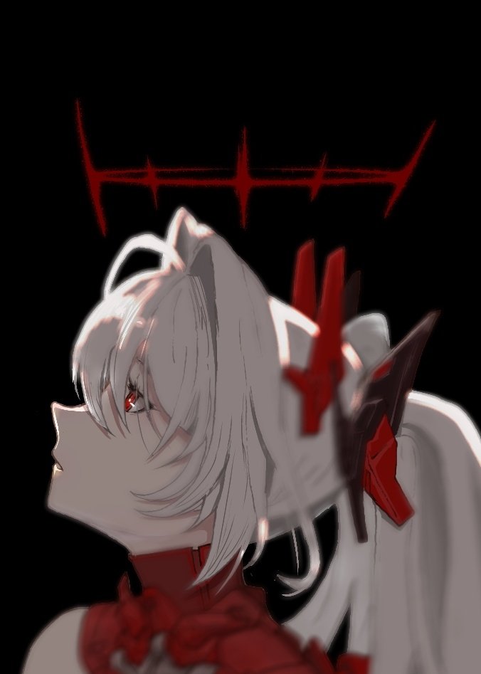 1girl, black_background, grey_hair, hair_intakes, hair_ornament, halo, headgear, kyuz787297571