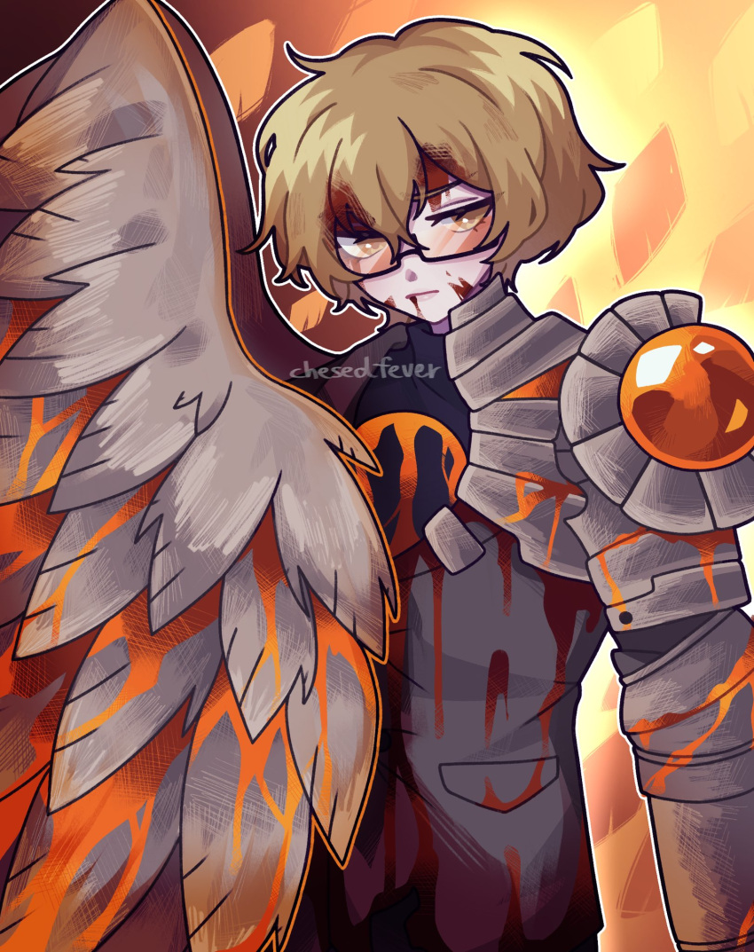 1boy, armor, blonde_hair, blood, blood_on_clothes, blood_on_face, chesedfever, closed_mouth, cowboy_shot, dawn_office_(identity)_(project_moon), gauntlets, grey_jacket, highres, jacket, library_of_ruina, limbus_company, pauldrons, project_moon, shoulder_armor, sinclair_(project_moon), single_gauntlet, single_pauldron, single_wing, solo, waxen_pinion_(e.g.o), wings, yellow_eyes
