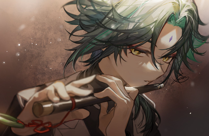 1boy, bishounen, black_hair, black_shirt, commentary_request, dizi, eyeshadow, facial_mark, flute, forehead_mark, genshin_impact, green_hair, hair_between_eyes, highres, holding, holding_instrument, instrument, long_sleeves, looking_at_viewer, makeup, male_focus, multicolored_hair, official_alternate_costume, red_eyeshadow, shirt, signature, simple_background, solo, transverse_flute, upper_body, vest, white_vest, xiao_(genshin_impact), yellow_eyes, zaso