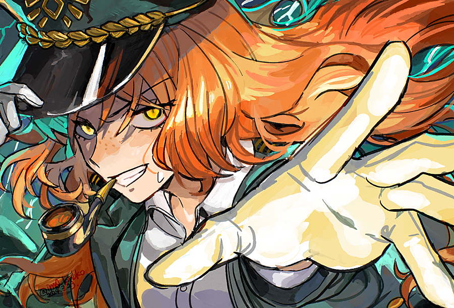 1girl, black_hat, collared_shirt, gloves, green_jacket, grin, hat, ishmael_(project_moon)