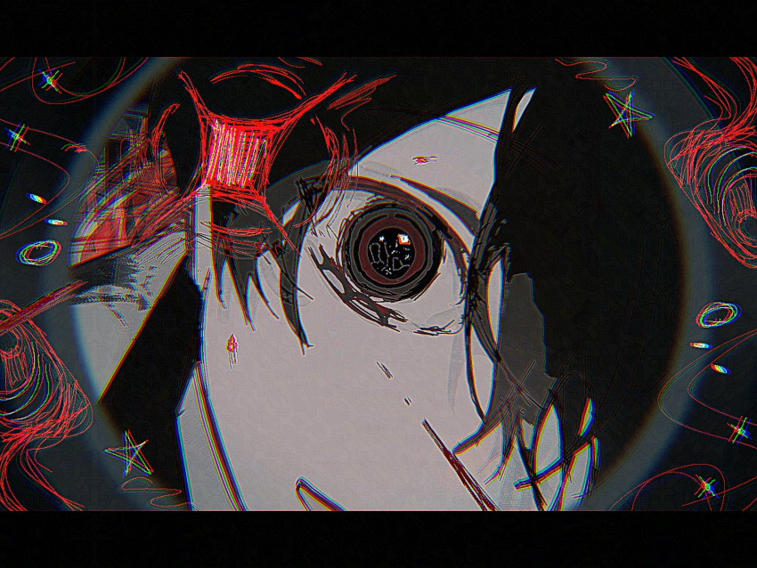 1boy, black_eyes, black_hair, chartaiires, eye_focus, highres, kim_dokja, looking_at_viewer, male_focus, monitoring_(vocaloid), omniscient_reader's_viewpoint, open_mouth, pov_peephole, smile, solo, sparkle