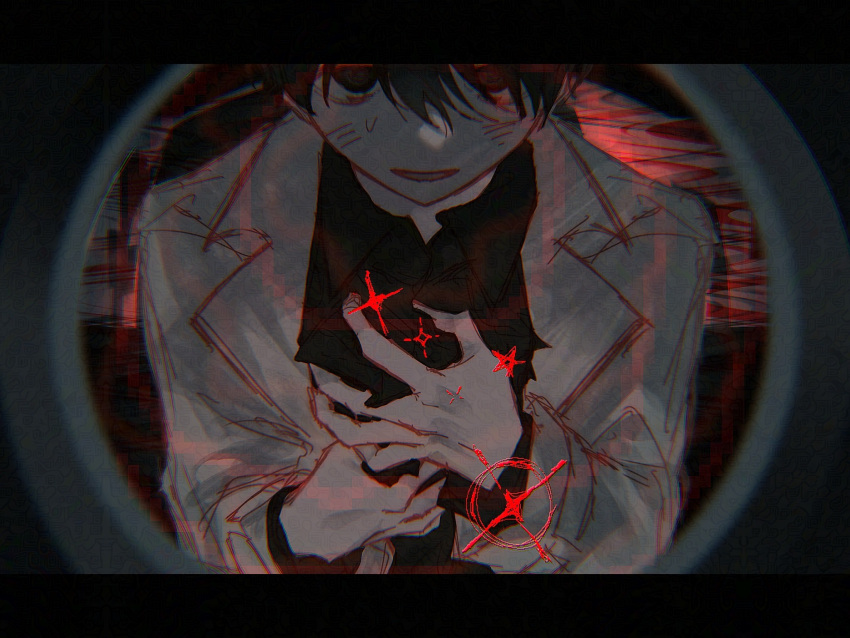 1boy, black_shirt, blush, chartaiires, clutching_chest, coat, collared_shirt, hands_up, highres, kim_dokja, lab_coat, lapels, long_sleeves, looking_at_viewer, male_focus, monitoring_(vocaloid), notched_lapels, omniscient_reader's_viewpoint, open_mouth, pov_peephole, shirt, smile, solo, sparkle, upper_body, white_coat