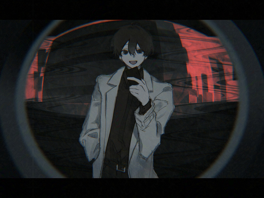 1boy, black_shirt, cellphone, chartaiires, coat, collared_shirt, hand_up, highres