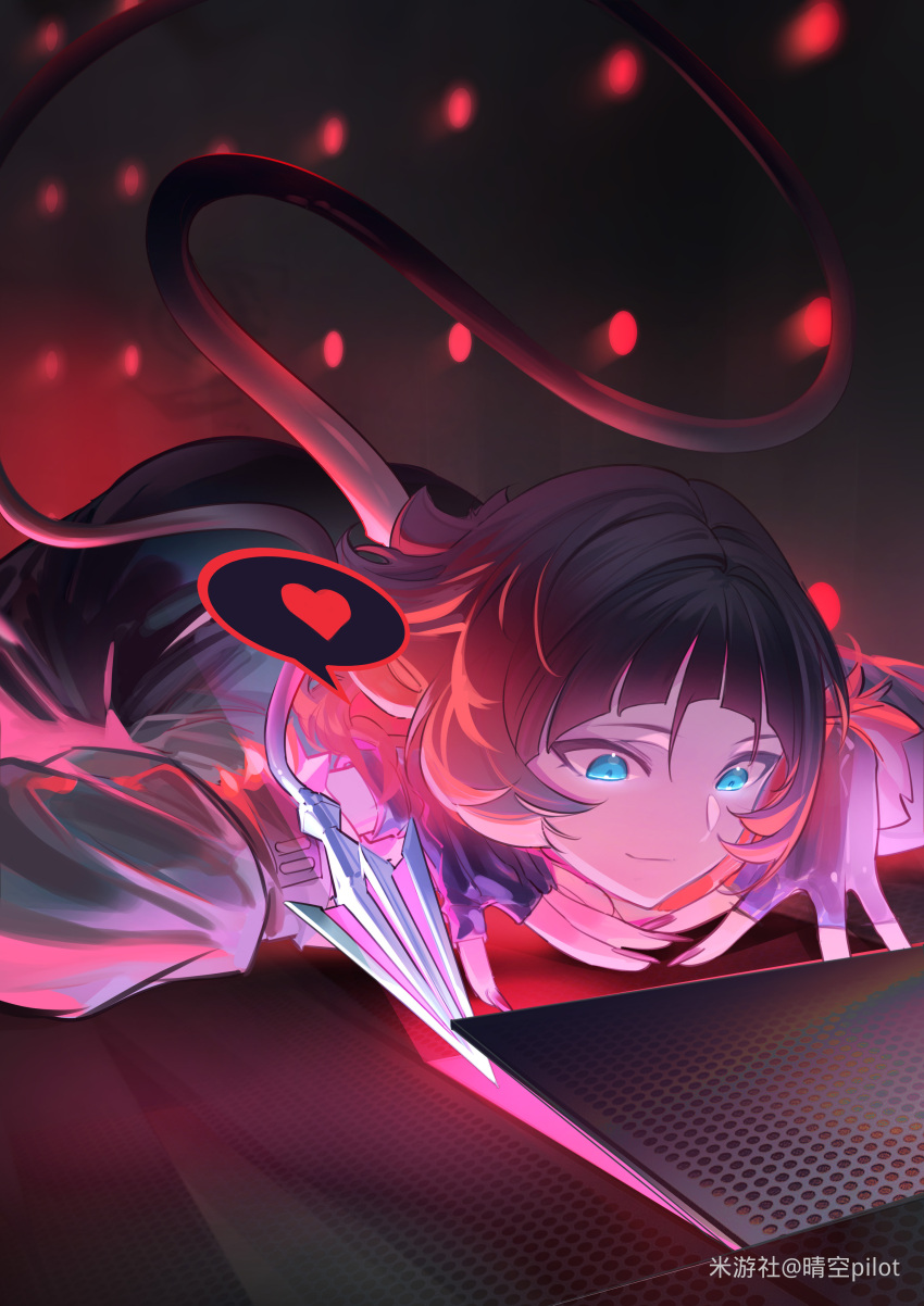 1girl, absurdres, animal_ears, artist_name, black_gloves, black_hair, blunt_bangs, closed_mouth, fingerless_gloves, fur-trimmed_jacket, fur_trim, gloves, green_eyes, heart, highres, indoors, jacket, jane_doe_(zenless_zone_zero), looking_down, mouse_ears, mouse_girl, mouse_tail, nail_polish, qingkong_pilot, red_nails, sidelocks, smile, solo, tail, zenless_zone_zero