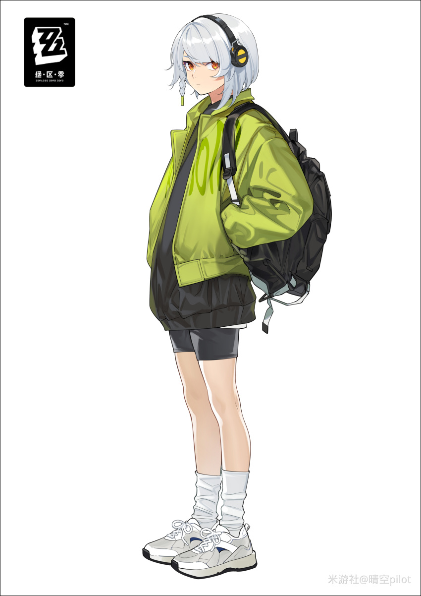 1girl, absurdres, anby_demara, artist_name, black_shorts, braid, brown_eyes, closed_mouth