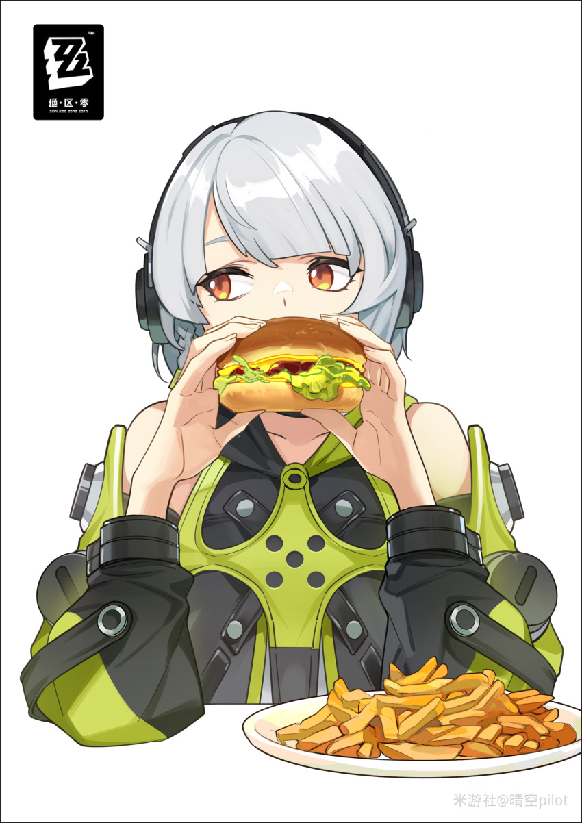 1girl, absurdres, anby_demara, artist_name, braid, brown_eyes, burger, eating