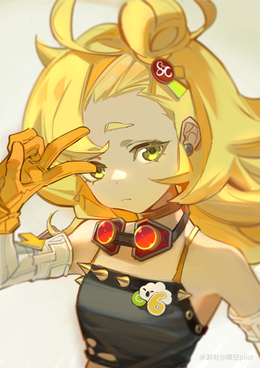 1girl, absurdres, artist_name, blonde_hair, closed_mouth, crop_top, gloves, goggles