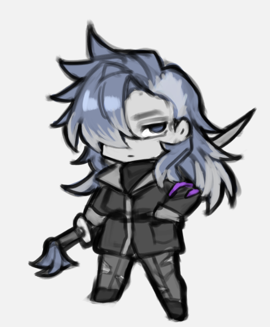 1girl, black_coat, black_pants, black_sweater, blue_eyes, blue_hair, chibi, closed_mouth