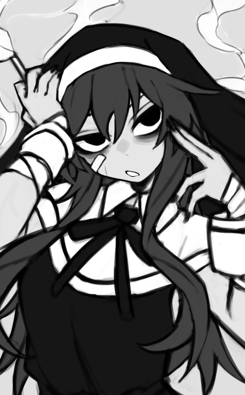 1girl, bandaged_wrist, bandages, cigarette, collared_dress, dress, greyscale, hands_up