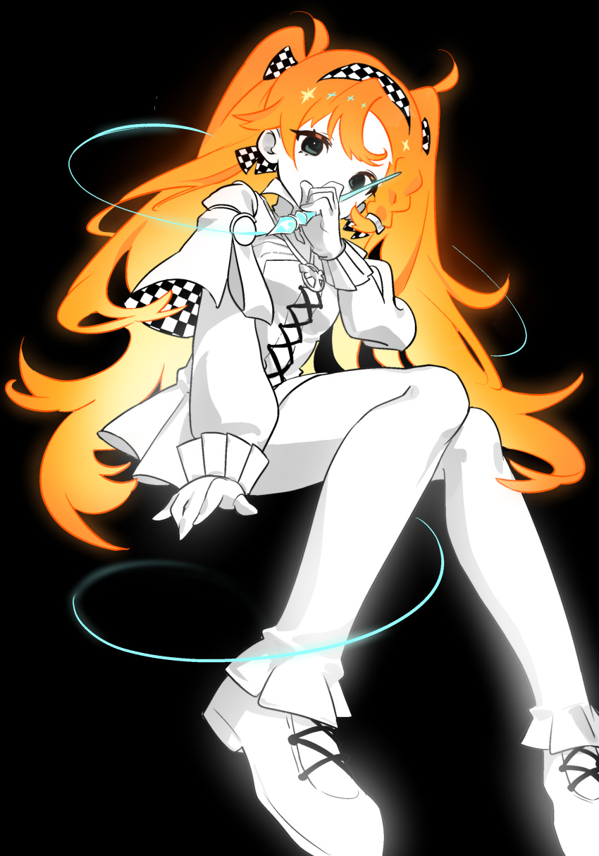 1girl, absurdres, black_background, checkered_hairband, covered_mouth, covering_own_mouth, dress, foot_out_of_frame