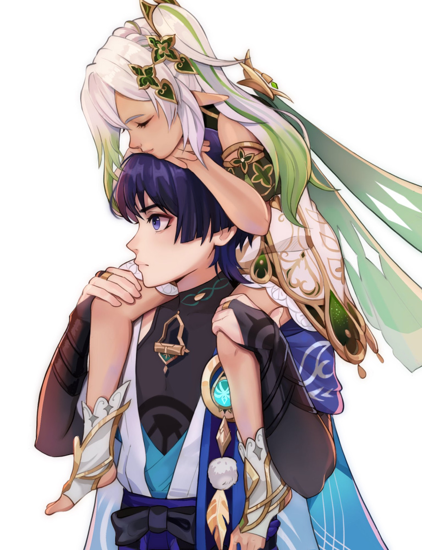 1boy, 1girl, alternate_skin_color, anemo_symbol_(genshin_impact), angryoats, anklet, aqua_gemstone, armlet, armor, arms_on_head, bare_shoulders, black_bodysuit, black_bow, black_bridal_gauntlets, bloomers, blue_cape, blue_kimono, blue_sleeves, blunt_ends, bodysuit, bow, braid, bridal_gauntlets, bright_pupils, cape, carrying, carrying_person, closed_eyes, closed_mouth, covered_pectorals, crown_braid, dark-skinned_female, dark_skin, detached_sleeves, dress, eyelashes, eyeliner, eyeshadow, feathers, furisode, genshin_impact, gold, gold_ring, gold_trim, green_cape, green_hair, green_sleeves, han'eri, hand_on_another's_thigh, hands_on_another's_head, hands_up, head_on_head, head_rest, highres, japanese_armor, japanese_clothes, jewelry, kimono, kote, kurokote, layered_kimono, long_hair, looking_to_the_side, makeup, middle_ring, multicolored_hair, nahida_(genshin_impact), open_clothes, open_kimono, pointy_ears, pom_pom_(clothes), purple_hair, purple_sash, red_eyeliner, red_eyeshadow, sanpaku, sash, scaramouche_(genshin_impact), short_sleeves, shoulder_carry, shoulder_peek, side_ponytail, sidelocks, smile, stirrup_footwear, streaked_hair, toes, turtleneck, turtleneck_bodysuit, violet_eyes, vision_(genshin_impact), wanderer_(genshin_impact), white_background, white_bloomers, white_dress, white_footwear, white_hair, white_kimono, white_pupils, white_sleeves, white_trim, yellow_feathers