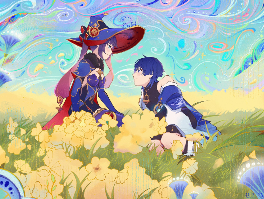 1boy, 1girl, black_bodysuit, black_shorts, blue_cape, blue_eyes, blue_hair, blue_hat, blue_leotard, blue_sky, blue_sleeves, blunt_bangs, blunt_ends, bodysuit, cape, closed_mouth, clouds, cloudy_sky, crescent, crescent_hat_ornament, dengjenk, detached_sleeves, eyelashes, flower, fur-trimmed_collar, fur_collar, fur_trim, furisode, genshin_impact, gold, gold_trim, gradient_hair, hair_ornament, hakama, hakama_shorts, hat, hat_ornament, highres, japanese_clothes, jewelry, kimono, leg_warmers, leotard, long_hair, looking_at_another, lying, mona_(genshin_impact), mona_(pact_of_stars_and_moon)_(genshin_impact), multicolored_hair, on_grass, on_side, open_clothes, open_kimono, pink_hair, ponytail_holder, purple_hair, purple_leotard, purple_thighhighs, red_cape, red_hat, scaramouche_(genshin_impact), short_sleeves, shorts, shrug_(clothing), sidelocks, single_off_shoulder, sitting, sky, smile, star_(symbol), star_hair_ornament, star_hat_ornament, star_print, thigh-highs, thighlet, twintails, twitter_username, two-sided_fabric, two-sided_headwear, vision_(genshin_impact), wanderer_(genshin_impact), white_kimono, white_leg_warmers, white_sleeves, white_trim, witch_hat, yellow_flower