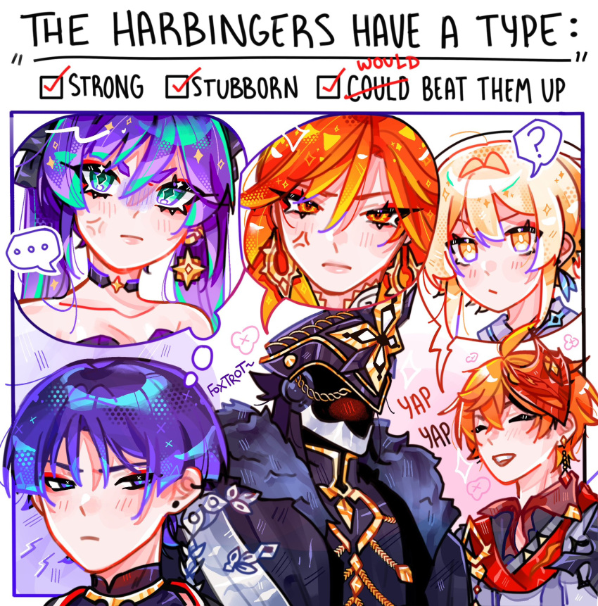 ..., 3boys, 3girls, ?, ahoge, anger_vein, annoyed, aqua_eyes