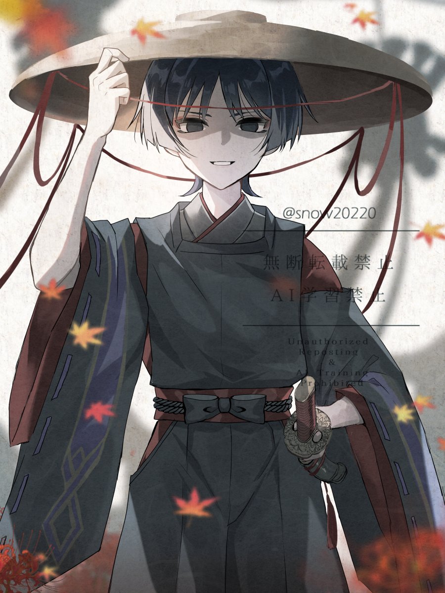1boy, black_bow, black_eyes, black_hair, black_kimono, black_pants, black_rope, black_sleeves, blunt_ends, bow, clothing_cutout, empty_eyes, eyeliner, eyeshadow, falling_leaves, flower, genshin_impact, han'eri, hand_up, hat, highres, hip_vent, holding, holding_hat, holding_sheath, holding_unworn_clothes, ichimegasa, japanese_clothes, kariginu, katana, kimono, kuronushi_(genshin_impact), layered_kimono, layered_sleeves, leaf, long_sleeves, looking_at_viewer, makeup, male_focus, maple_leaf, open_mouth, pants, red_eyeliner, red_eyeshadow, red_kimono, red_sash, red_sleeves, rope, sash, scaramouche_(genshin_impact), sheath, sheathed, shoulder_cutout, smile, snow20200, solo, spider_lily, straight-on, sword, twitter_username, watermark, weapon, white_mouth, wide_sleeves