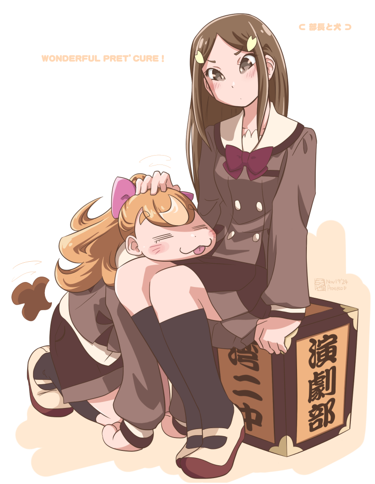 2girls, aoneco, blush, bow, box, brown_hair, buttons, hair_bow