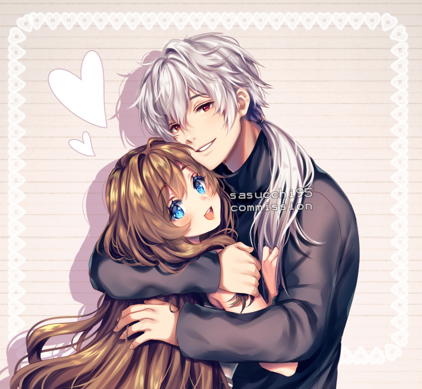 1boy, 1girl, :d, black_shirt, blue_eyes, blush, brown_background, brown_hair, colored_eyelashes, commentary, commission, double-parted_bangs, drop_shadow, english_commentary, fingernails, grin, hair_between_eyes, hair_intakes, heart, hetero, highres, hug, inset_border, long_hair, long_sleeves, looking_at_viewer, looking_back, low_ponytail, open_mouth, original, ponytail, red_eyes, sasucchi95, shirt, simple_background, smile, striped_background, susanghan_messenger, teeth, tongue, upper_body, upper_teeth_only, watermark, white_hair, zen_(susanghan_messenger)