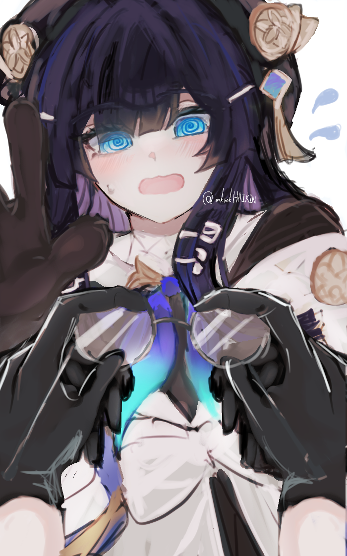 2girls, @_@, black_gloves, black_hat, blue_eyes, blue_hair, blush, brown_gloves