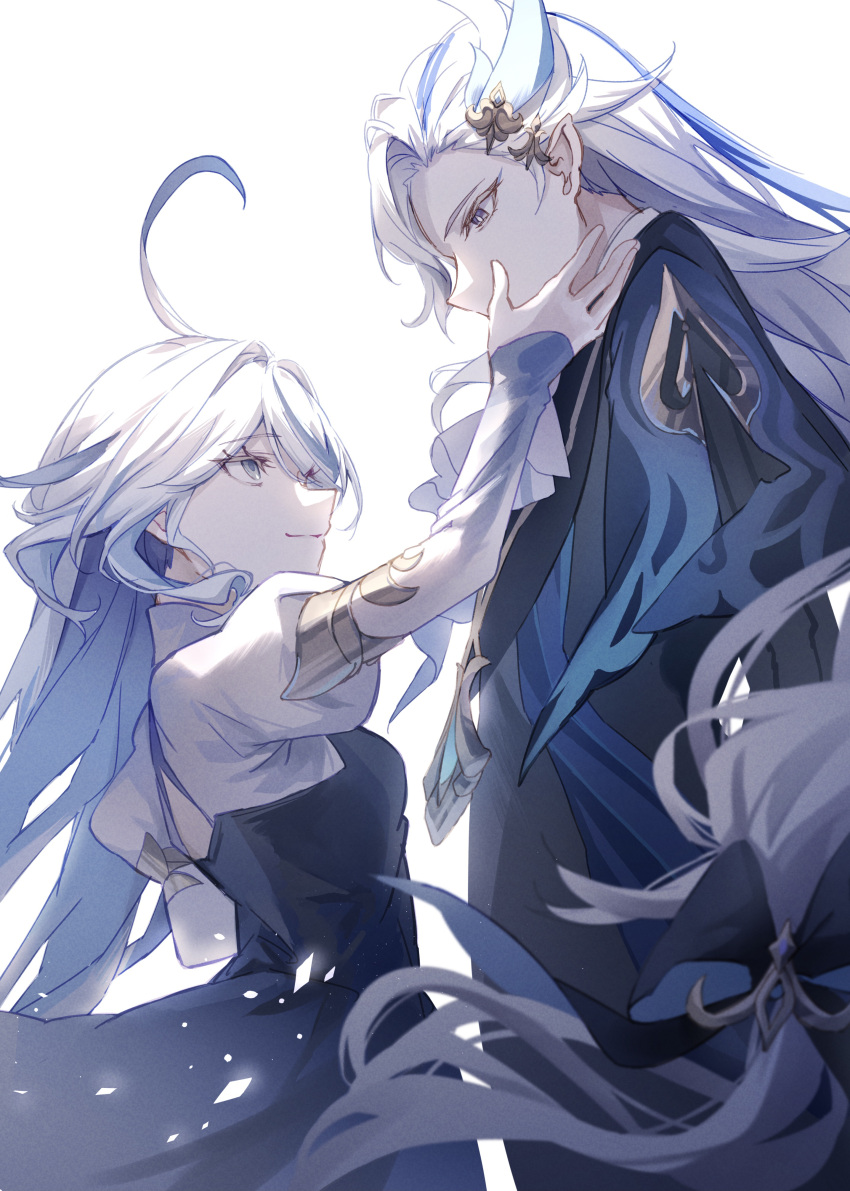 1boy, 1girl, absurdres, ahoge, ascot, blue_eyes, blue_hair, closed_mouth