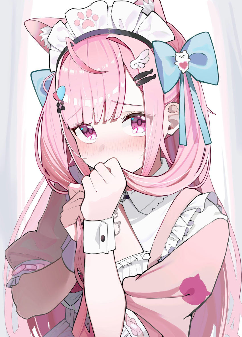 1girl, animal_ear_fluff, animal_ears, aqua_bow, bandaid, bandaid_hair_ornament, black_choker, blush