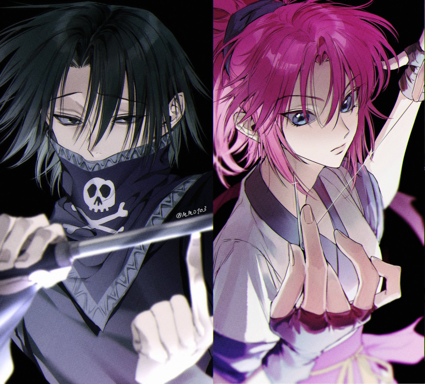 1boy, 1girl, black_background, black_eyes, black_gloves, black_hair, blue_eyes, covered_mouth