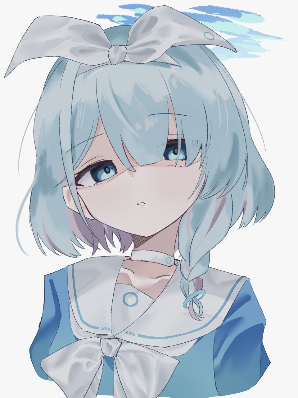 1girl, arona_(blue_archive), blue_archive, blue_eyes, blue_hair, blue_halo, blue_skirt, bow, bowtie, braid, choker, collarbone, commentary_request, distorted_halo, dot_nose, hair_between_eyes, hair_bow, hairband, halo, head_tilt, highres, light_blue_hair, looking_down, medium_hair, partially_shaded_face, pink_hair, sad, sailor_collar, shaded_face, simple_background, skirt, solo, takamalu08_12, upper_body, white_background, white_bow, white_bowtie, white_choker, white_hairband, white_sailor_collar