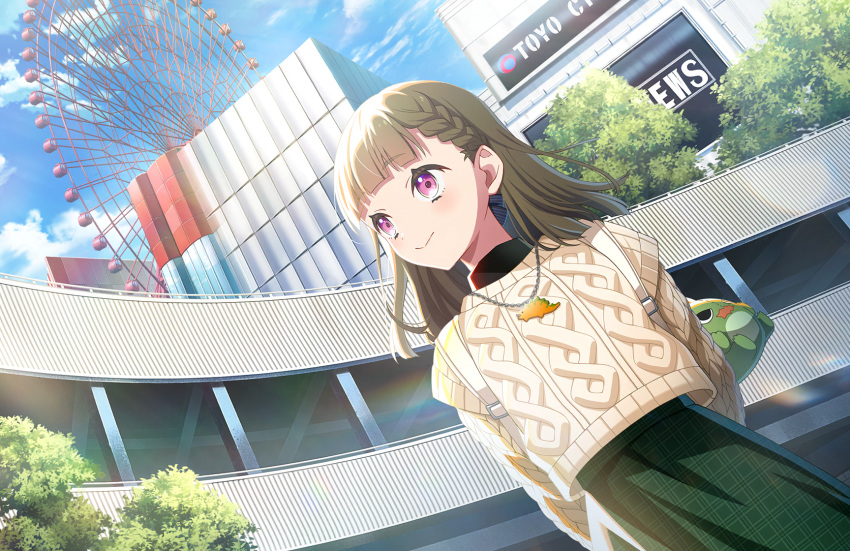 1girl, animal_charm, aran_sweater, black_bow, bow, braid, brown_hair, cable_knit, casual, center-flap_bangs, cowboy_shot, day, dutch_angle, ferris_wheel, game_cg, green_skirt, hair_bow, highres, jewelry, kachimachi_kosuzu, lens_flare, link!_like!_love_live!, long_hair, looking_to_the_side, looking_up, love_live!, necklace, official_art, outdoors, pink_eyes, plaid_clothes, plaid_skirt, side_braids, skirt, solo, straight_hair, striped_bow, sweater, tachikawa_(tokyo), third-party_source, turning_head, virtual_youtuber