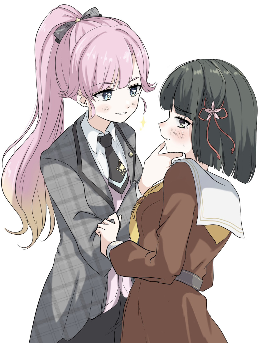 2girls, anyoji_hime, averting_eyes, black_hair, black_necktie, black_pants, blonde_hair, blue_eyes