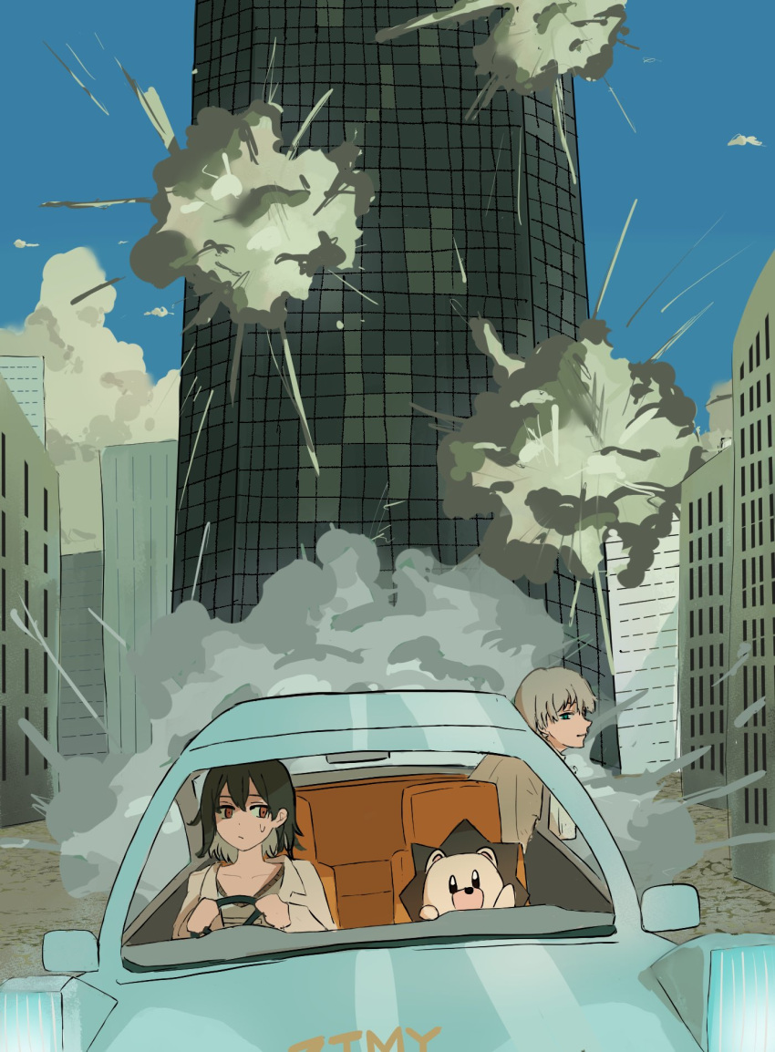 1boy, 1girl, black_hair, blue_sky, brown_eyes, building, car, clouds