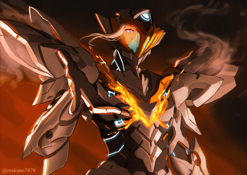1girl, absurdres, armor, broken_helmet, fire, firefly_(honkai:_star_rail), gold_trim, grey_armor