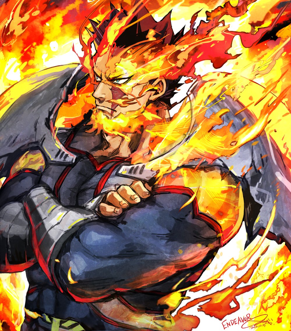 1boy, armor, beard, blue_bodysuit, blue_eyes, bodysuit, boku_no_hero_academia, character_name, commentary, crossed_arms, dated, endeavor_(boku_no_hero_academia), facial_hair, facing_to_the_side, fiery_background, fire, flaming_beard, flaming_eye, gauntlets, looking_to_the_side, male_focus, muscular, muscular_male, nijihayashi, redhead, scar, scar_across_eye, shoulder_armor, signature, superhero_costume