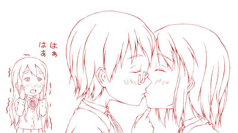 bad_id, blush, closed_eyes, eyes_closed, glasses, hirasawa_yui, k-on!, kiss, kotobuki_tsumugi, manabe_nodoka, monochrome, multiple_girls, school_uniform, shimofuri_kaeru, trembling, yuri