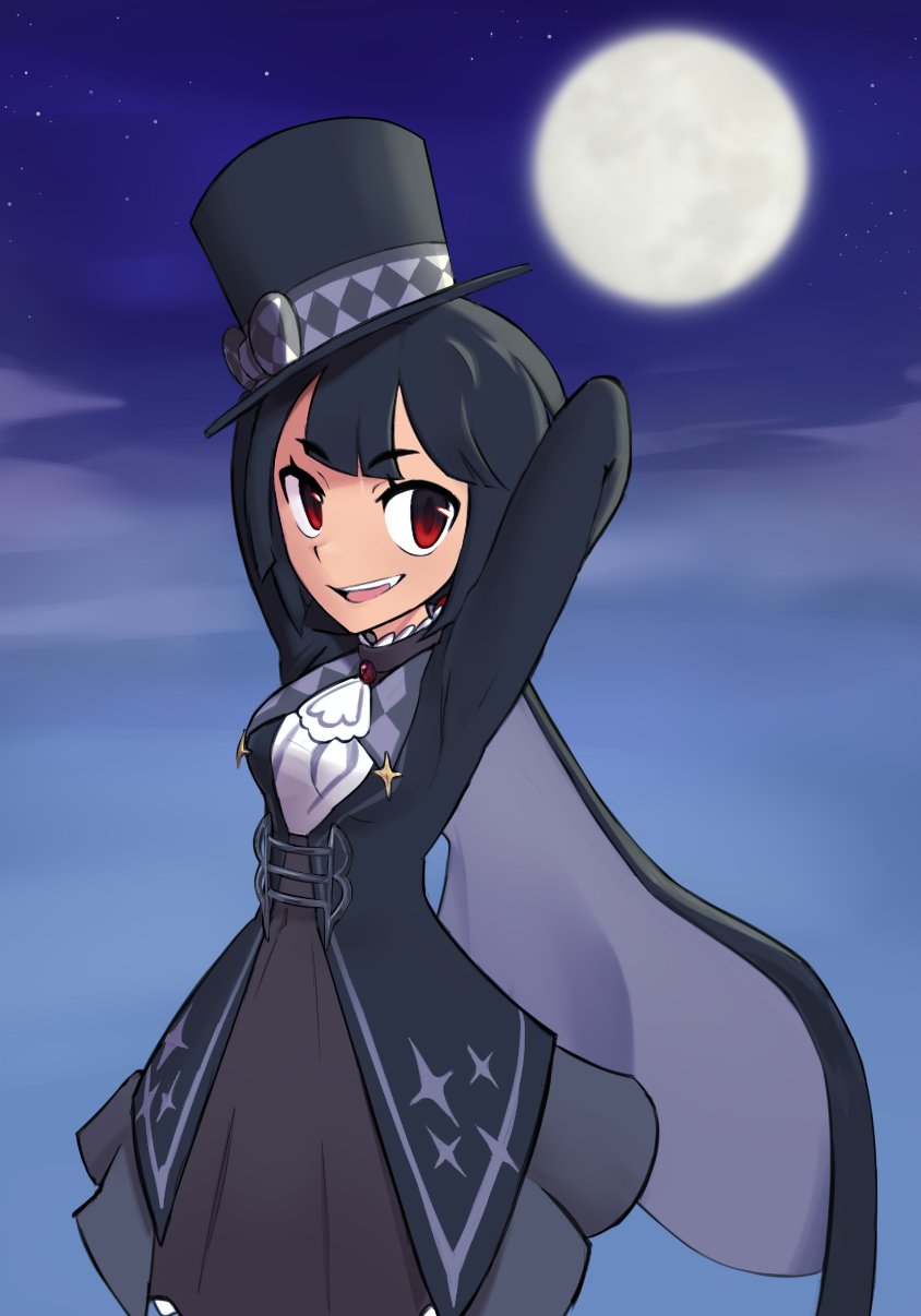1girl, 22z3r0, arms_behind_head, black_cape, black_hair, black_hat, cape, hat