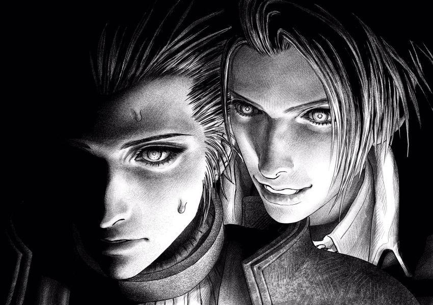 2boys, armor, black_background, black_hair, cairenai123, collared_shirt, final_fantasy, final_fantasy_vii