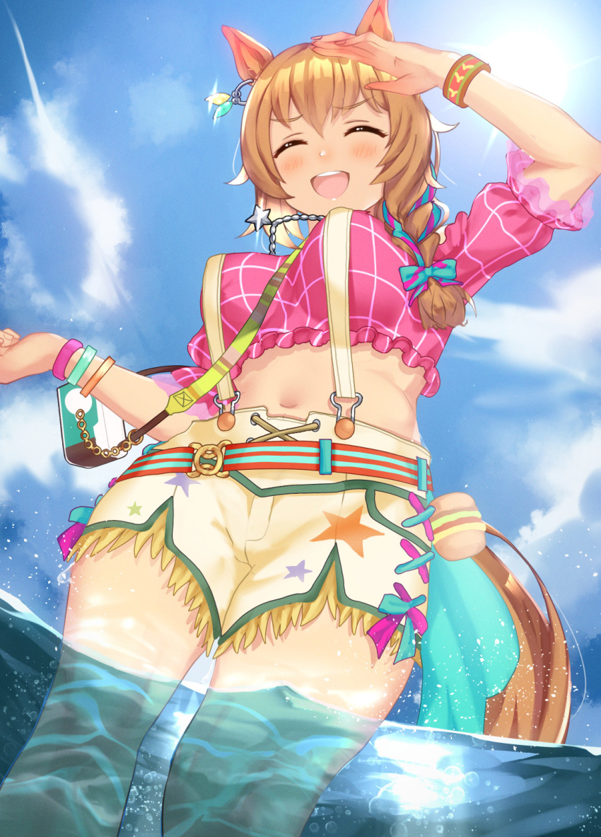alternate_hairstyle, animal_ears, arm_up, beach, braid, breasts, closed_eyes, commentary_request, highres, horse_ears, horse_girl, horse_tail, jewelry, large_breasts, long_hair, midriff, navel, necklace, ocean, official_alternate_costume, poopy, sky, standing, taiki_shuttle_(umamusume), tail, teeth, thighs, umamusume, upper_teeth_only