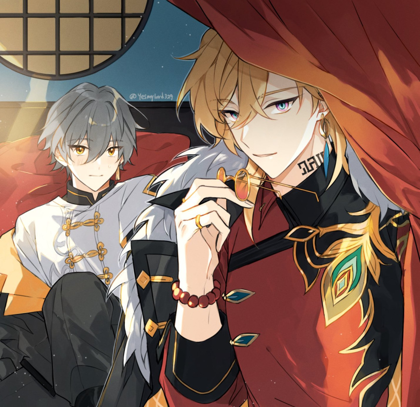 2boys, artist_name, aventurine_(honkai:_star_rail), aventurine_(jiaduobao)_(honkai:_star_rail), bead_bracelet, beads, bed, black_coat