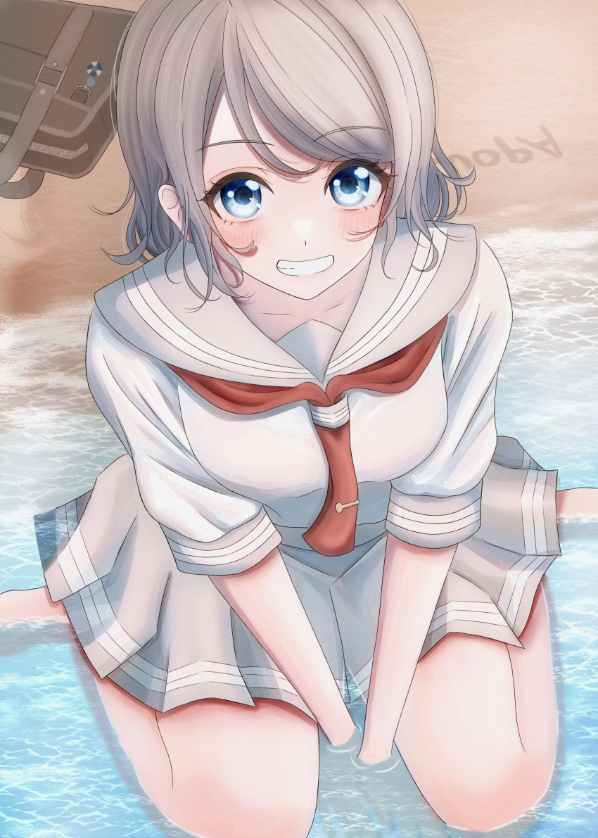 1girl, bag, barefoot, beach, blush, brown_hair, from_above, grey_skirt