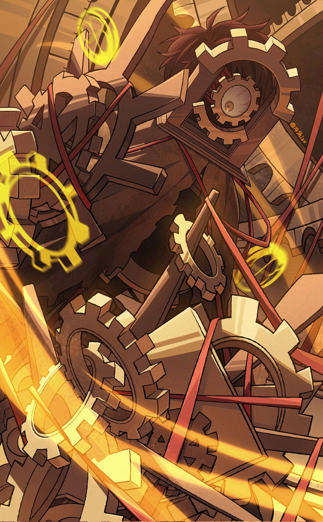 14_shizu, 1boy, asymmetrical_inertia_(e.g.o), bloodshot_eyes, brown_cape, brown_hair, cape, commentary