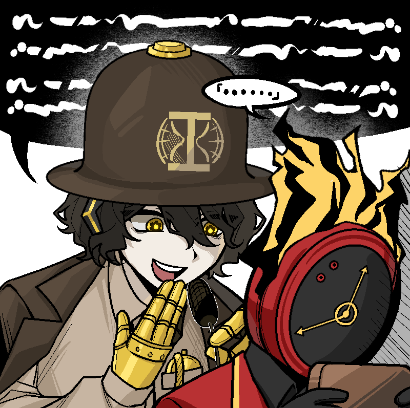 ..., 1boy, 1other, 8ight, black_gloves, brown_coat, brown_hat, brown_shirt, chinese_commentary, coat, coat_on_shoulders, collared_shirt, commentary_request, dante_(limbus_company), gauntlets, gears, gloves, hat, hubert_(limbus_company), lapels, limbus_company, notched_lapels, open_mouth, project_moon, shirt, smile, speech_bubble, symbol-shaped_pupils, yellow_eyes