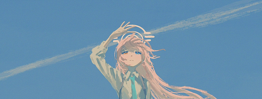 1girl, arm_up, blue_archive, blue_eyes, blue_necktie, closed_mouth, contrail, halo