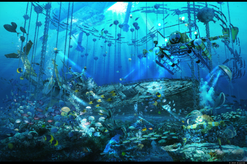 chain, chains, explosive, fish, highres, mine, mine_(weapon), naval_mine