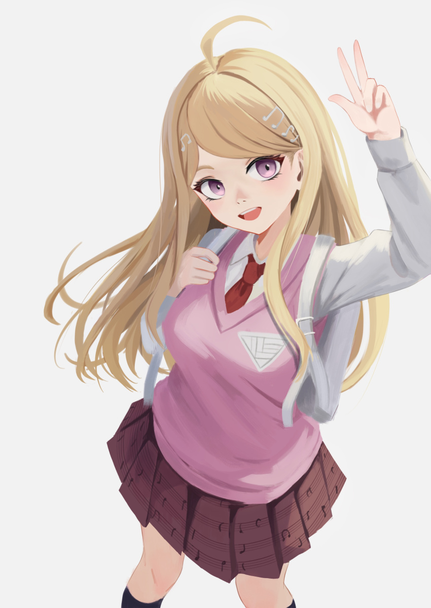 1girl, absurdres, ahoge, akamatsu_kaede, arm_up, blonde_hair, blush, collared_shirt, danganronpa_(series), danganronpa_v3:_killing_harmony, diky, english_commentary, eyelashes, hair_ornament, highres, kneehighs, long_hair, long_sleeves, looking_at_viewer, musical_note, musical_note_hair_ornament, musical_note_print, necktie, open_mouth, pink_sweater_vest, pink_vest, pleated_skirt, red_necktie, shirt, skirt, smile, socks, solo, standing, sweater_vest, v, vest, violet_eyes, white_background, white_bag, white_shirt