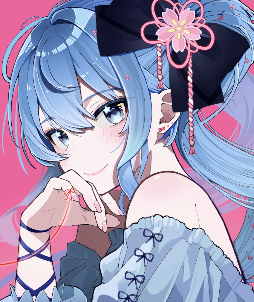 1girl, absurdres, alternate_costume, bare_shoulders, blue_bow, blue_eyes, blue_hair, blue_ribbon