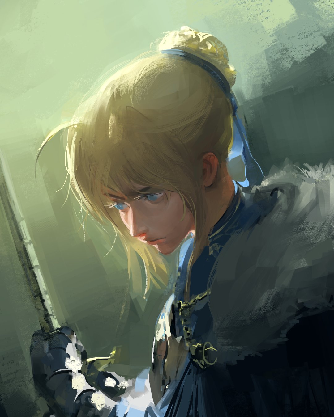 1girl, armor, artoria_pendragon_(fate), blonde_hair, blue_eyes, blue_ribbon, cape, closed_mouth
